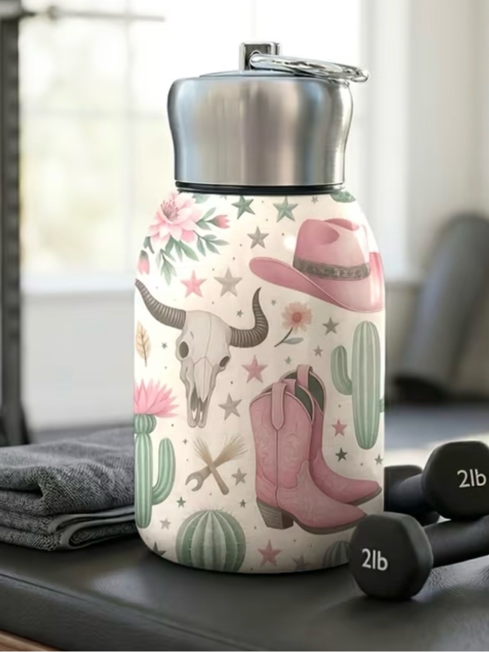 Insulated Pink Western Print Water Bottle with Silver Cap